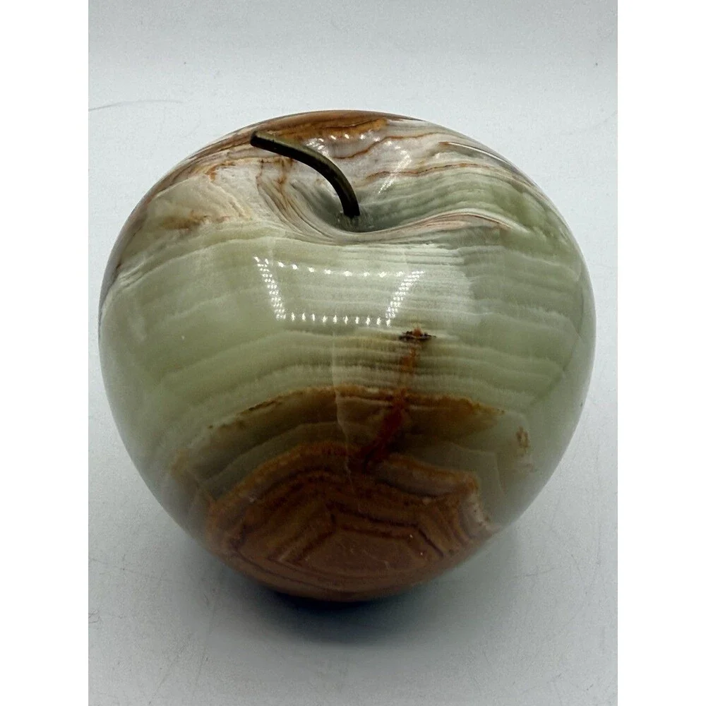 Green Brown Onyx Apple Paperweight Carved Polished Solid Marble Natural Stone 4”